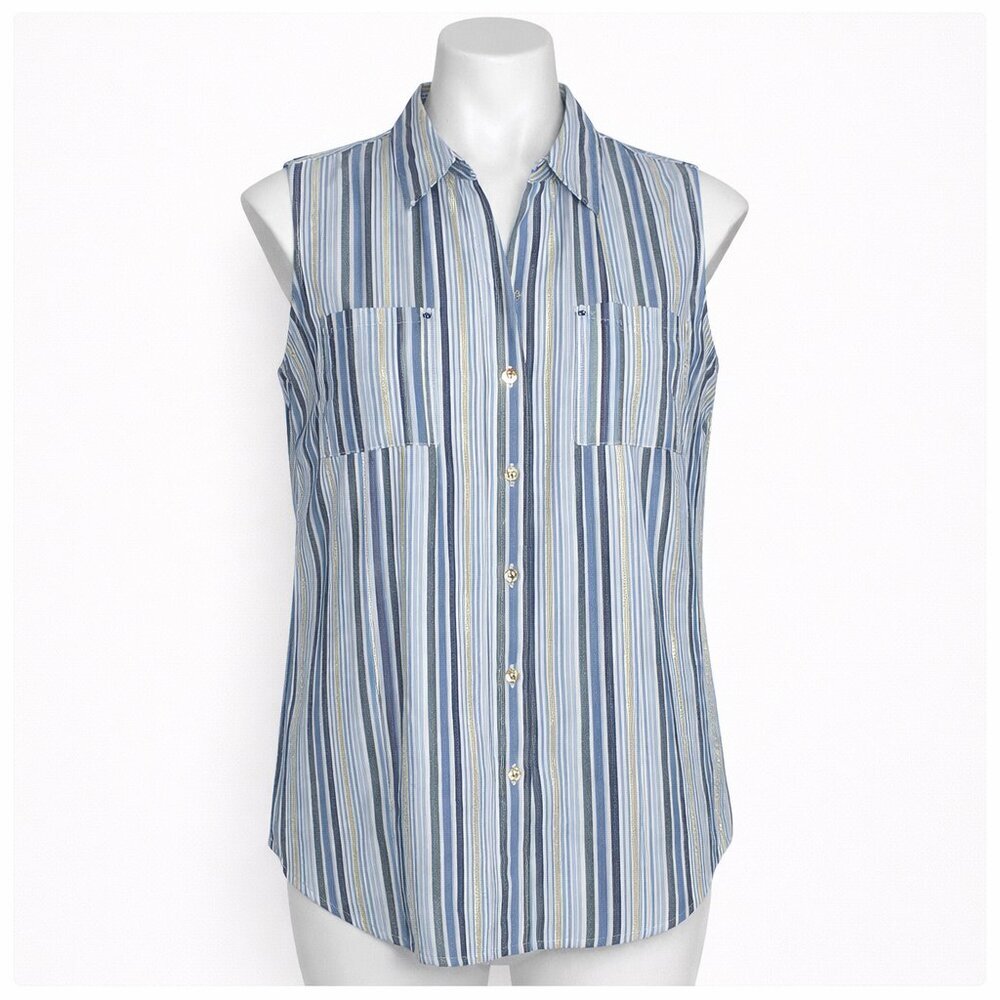 ANNE KLEIN Gold Stripe Sleeveless Button Front Top Size L